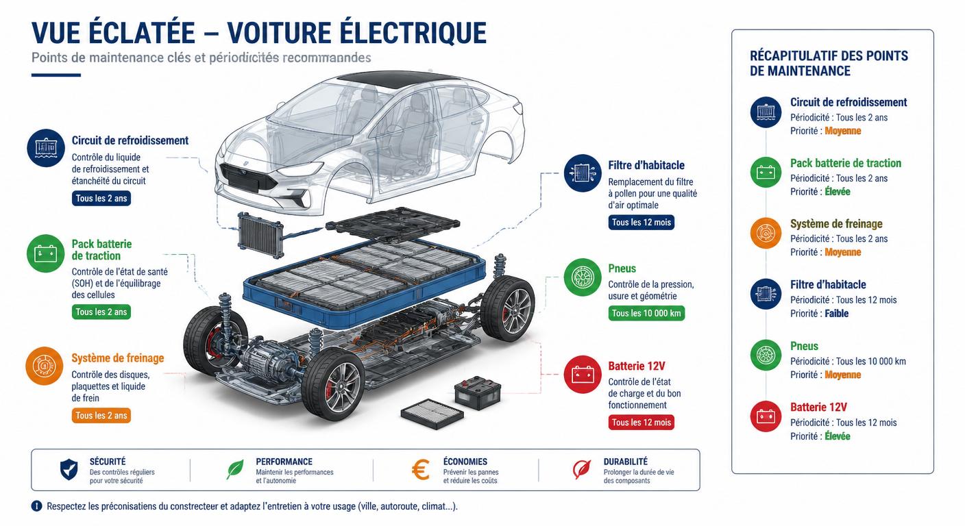 Schéma éclaté des points d'entretien d'une voiture électrique