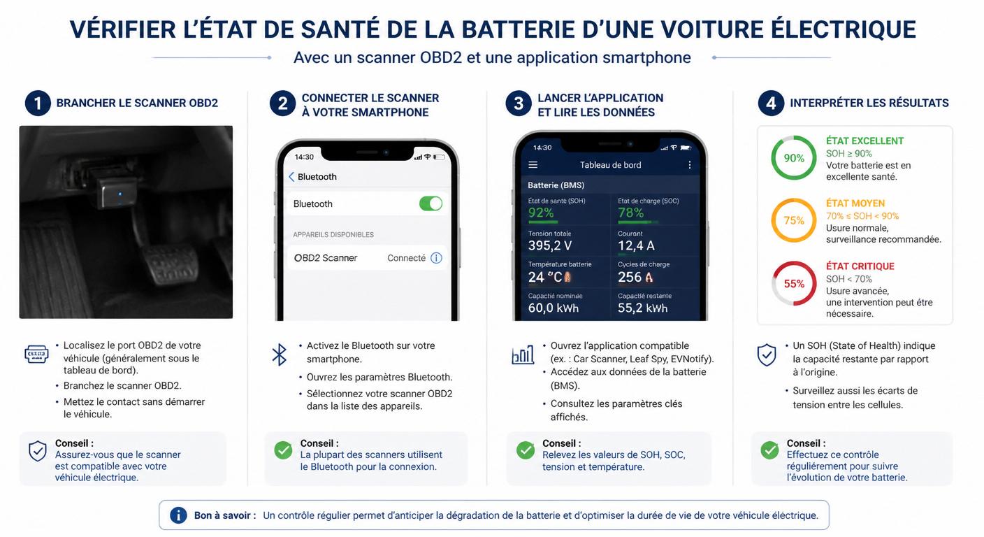 Guide étape par étape pour vérifier l'état de santé de la batterie d'un VE avec un outil OBD2