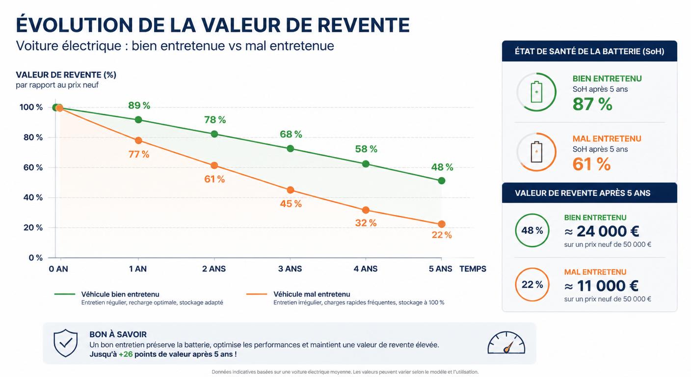 Évolution de la valeur de revente d'un VE bien entretenu vs mal entretenu sur 5 ans