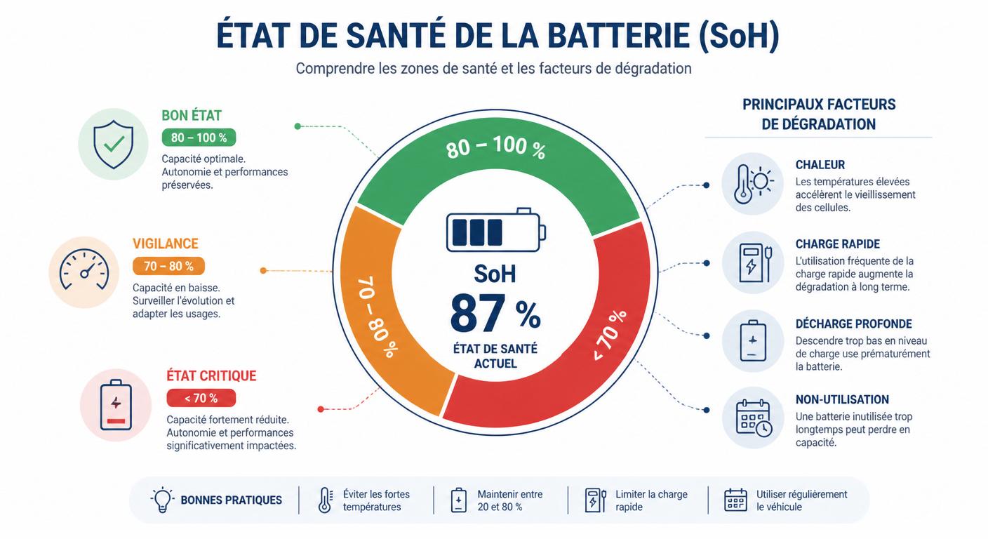 Indicateur d'état de santé SoH de la batterie d'un véhicule électrique avec zones de vigilance