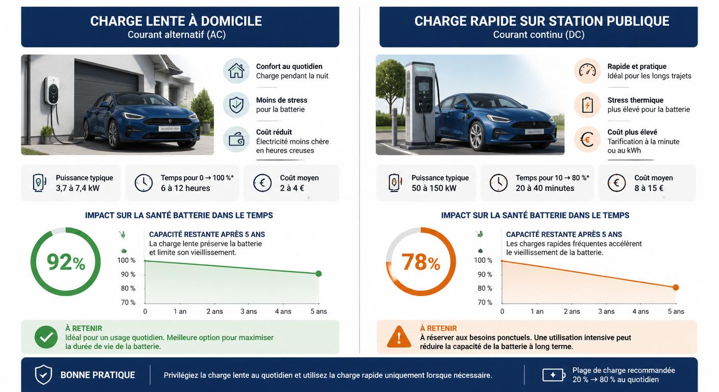 Comparaison charge lente à domicile vs charge rapide : impact sur la durée de vie de la batterie