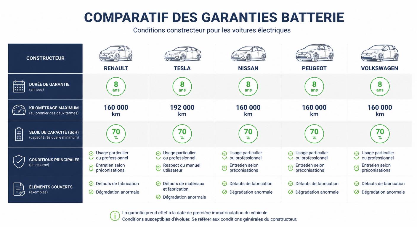 Tableau comparatif des garanties batterie par constructeur de véhicules électriques