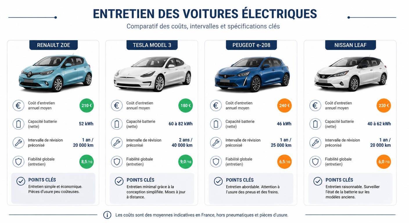 Fiches entretien comparatives : Renault Zoe, Tesla Model 3, Peugeot e-208 et Nissan Leaf