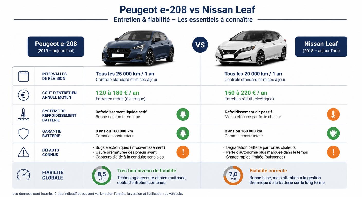 Comparatif entretien Peugeot e-208 vs Nissan Leaf d'occasion