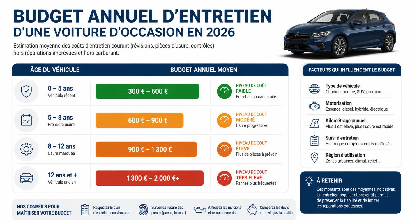 Infographie présentant les fourchettes de budget annuel d'entretien d'une voiture d'occasion en 2026 par tranche d'âge
