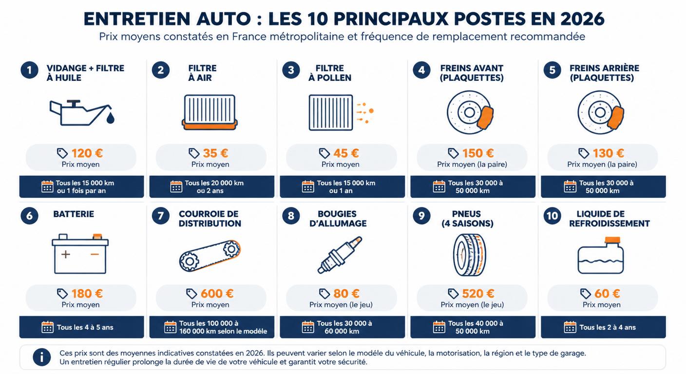 Infographie listant les 10 principaux postes d'entretien d'une voiture avec prix moyens 2026 et fréquence de remplacement