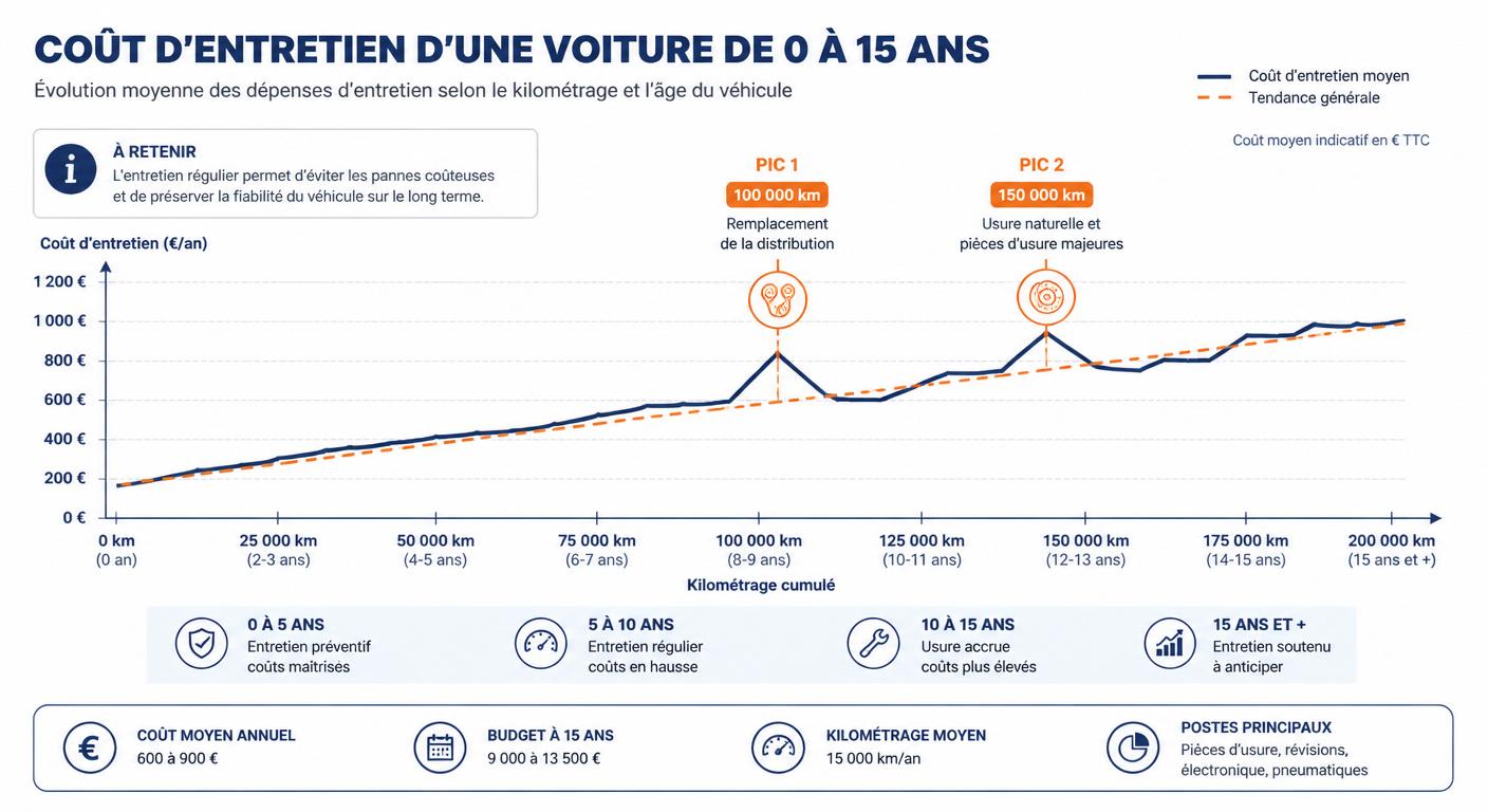 Graphique présentant l'évolution du coût d'entretien d'une voiture selon son âge et son kilométrage