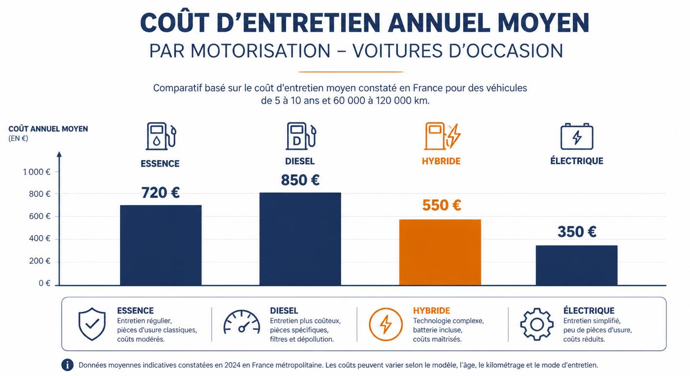 Infographie comparant le coût d'entretien annuel d'une voiture d'occasion selon sa motorisation