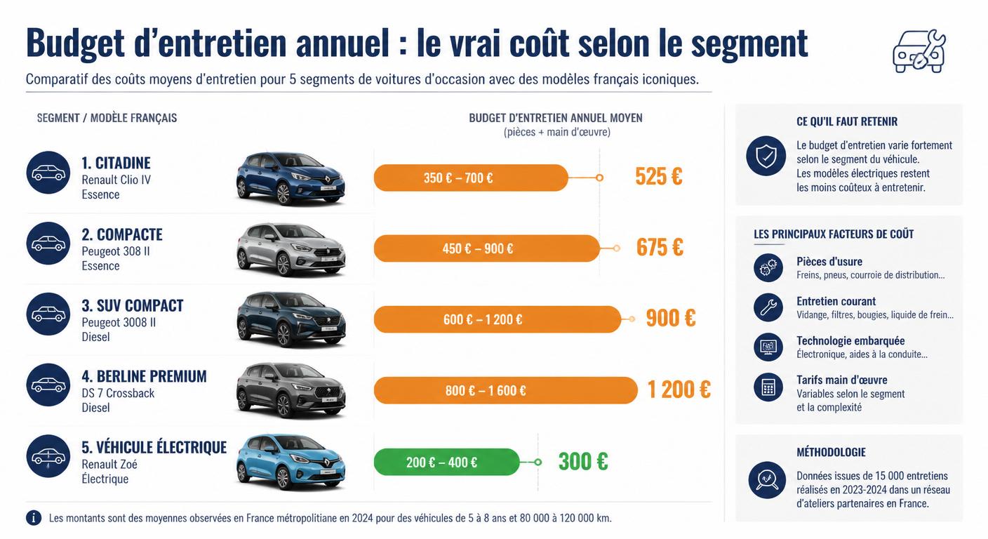 Infographie comparant le budget d'entretien annuel par segment de voiture d'occasion