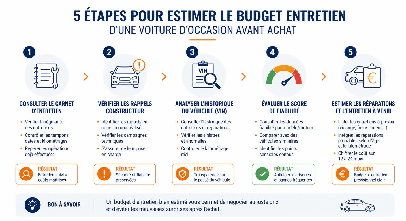 Infographie présentant les cinq étapes pour estimer le coût d'entretien d'une voiture d'occasion avant l'achat