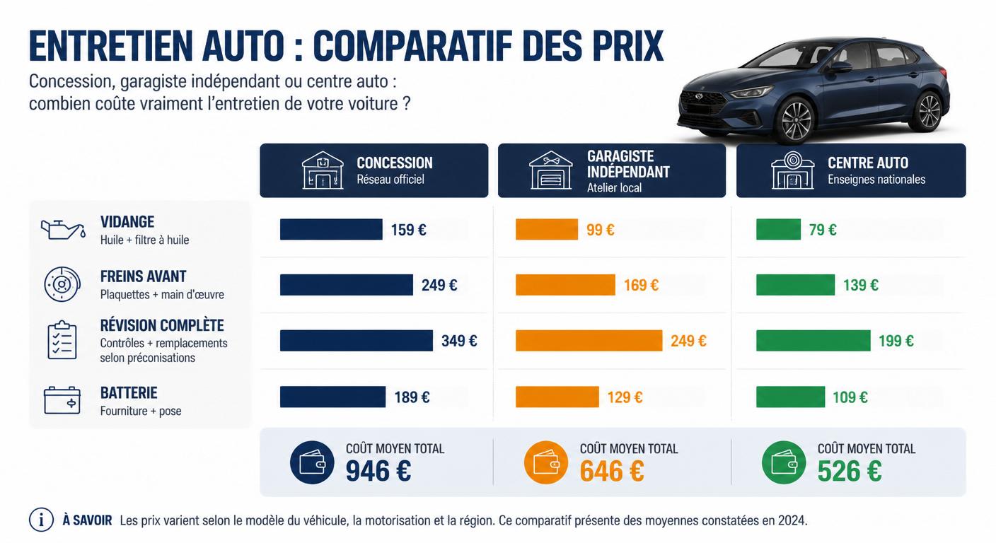 Infographie comparant les tarifs d'entretien selon le canal choisi : concession, garagiste indépendant ou centre auto
