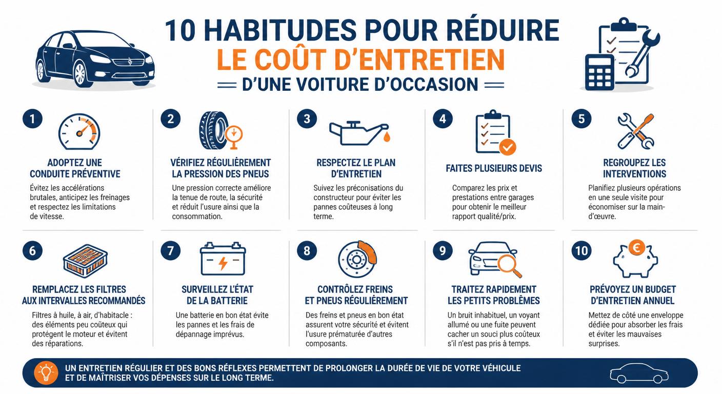 Infographie listant dix réflexes pour réduire le coût d'entretien d'une voiture d'occasion