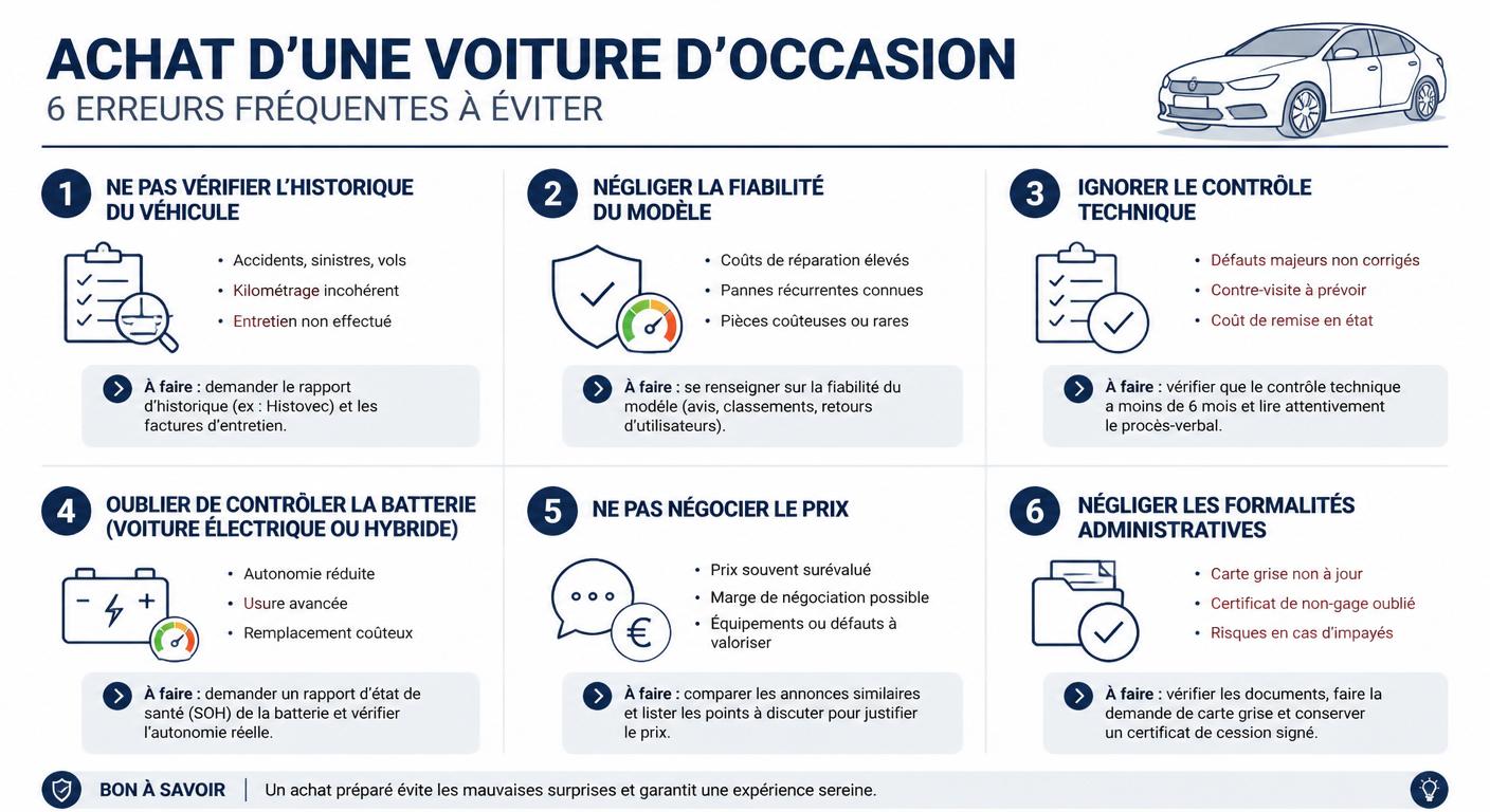 Infographie des 6 erreurs majeures en achat de voiture d'occasion