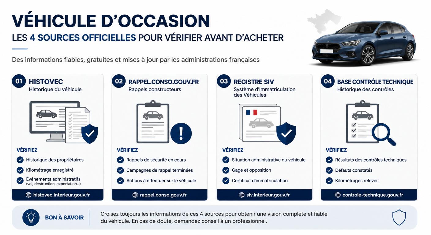 Infographie des sources officielles pour vérifier une voiture d'occasion