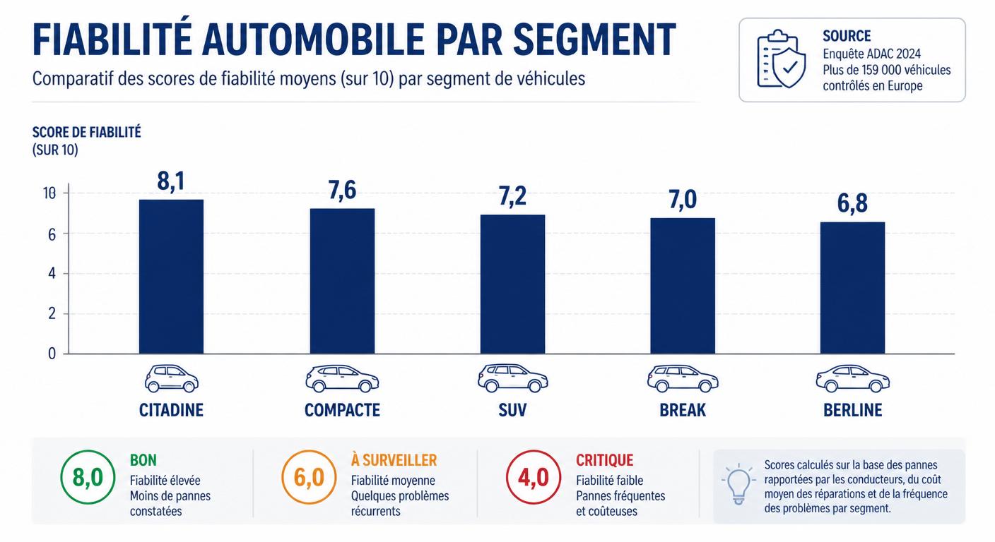 Infographie des scores de fiabilité par segment automobile selon l'ADAC