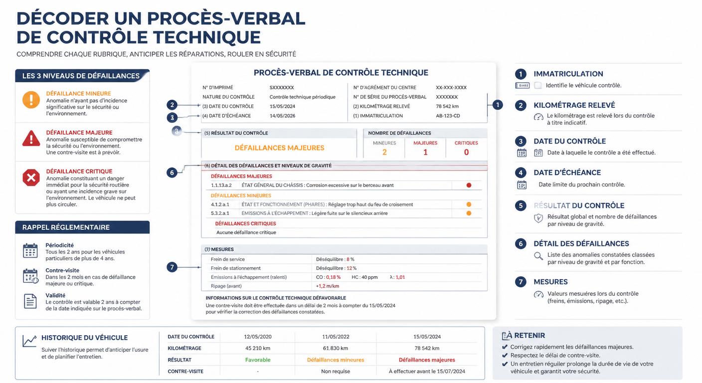 Infographie expliquant la lecture d'un contrôle technique français