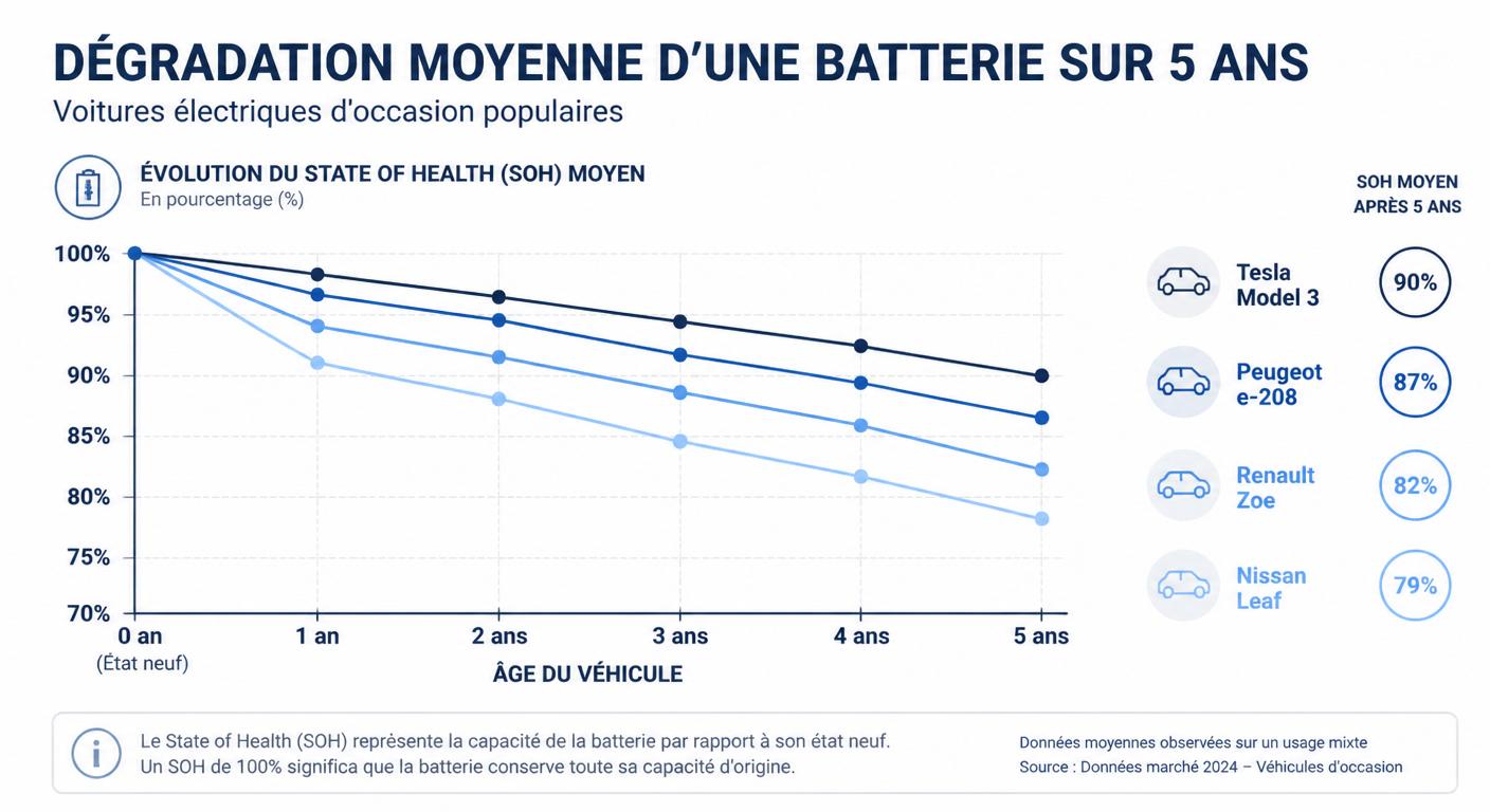 Infographie de la dégradation moyenne d'une batterie de voiture électrique d'occasion