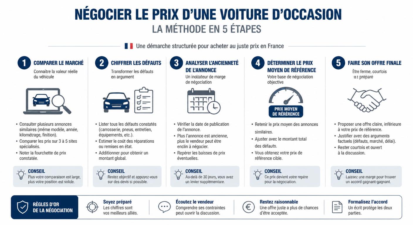 Infographie de la méthode de négociation pour une voiture d'occasion