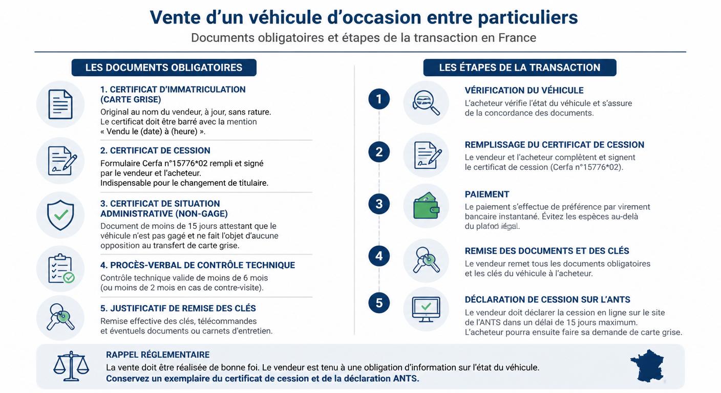 Infographie des documents pour un achat de voiture d'occasion entre particuliers