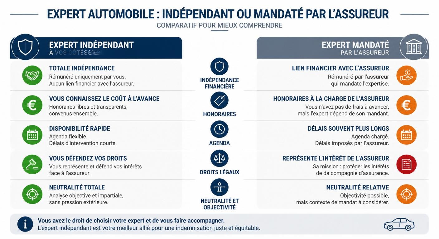 Infographie comparant l'expert automobile indépendant et l'expert mandaté par l'assureur