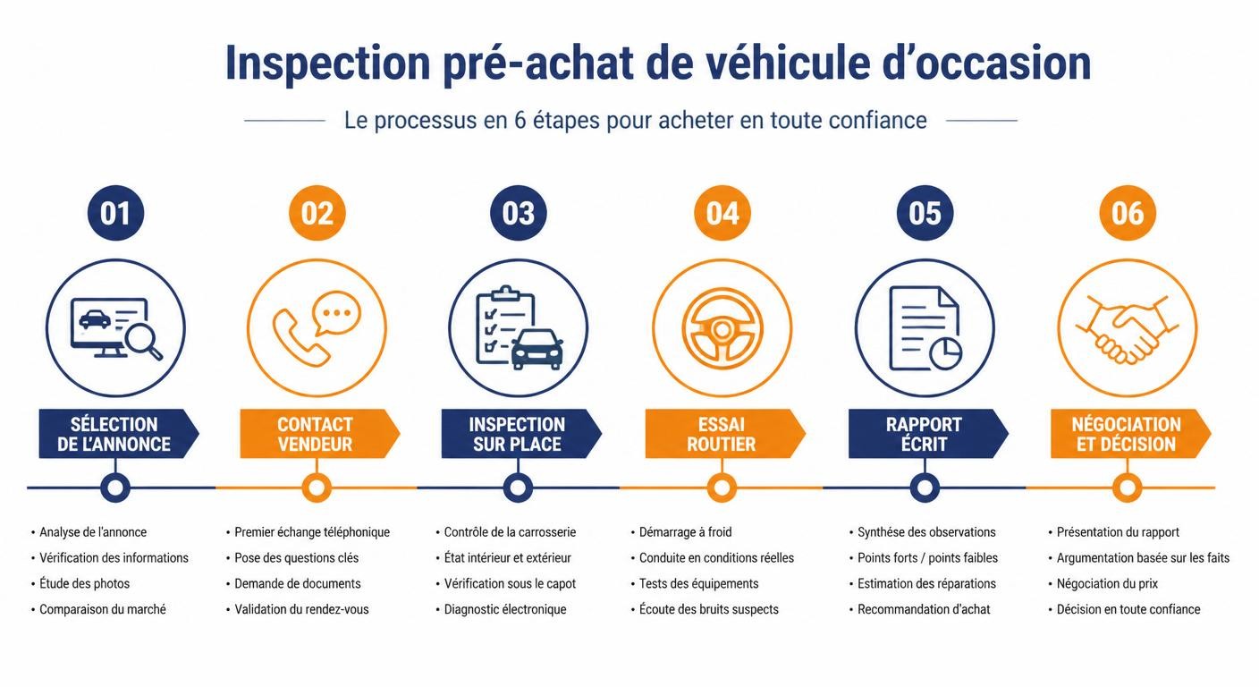 Infographie du parcours en 6 étapes d'une expertise pré-achat de véhicule d'occasion