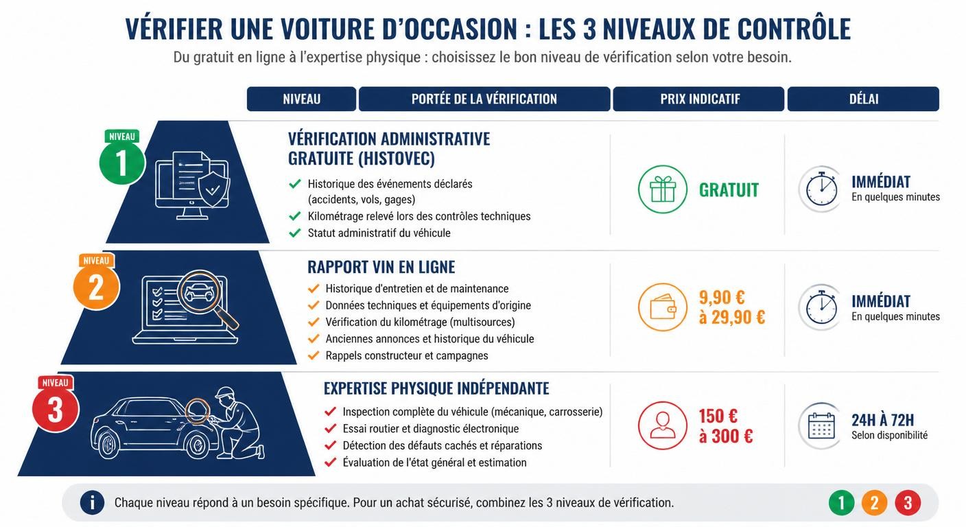 Infographie pyramidale des trois niveaux de vérification d'un véhicule d'occasion