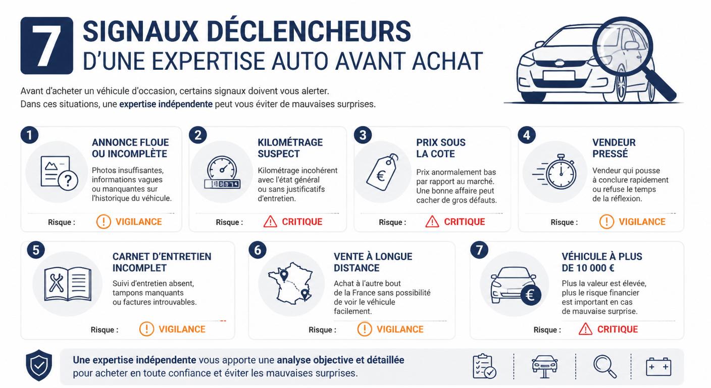 Infographie des 7 signaux qui justifient une expertise auto avant achat