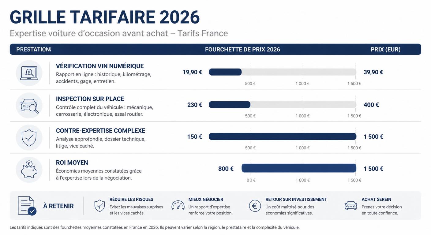 Infographie de la grille tarifaire 2026 d'une expertise auto avant achat