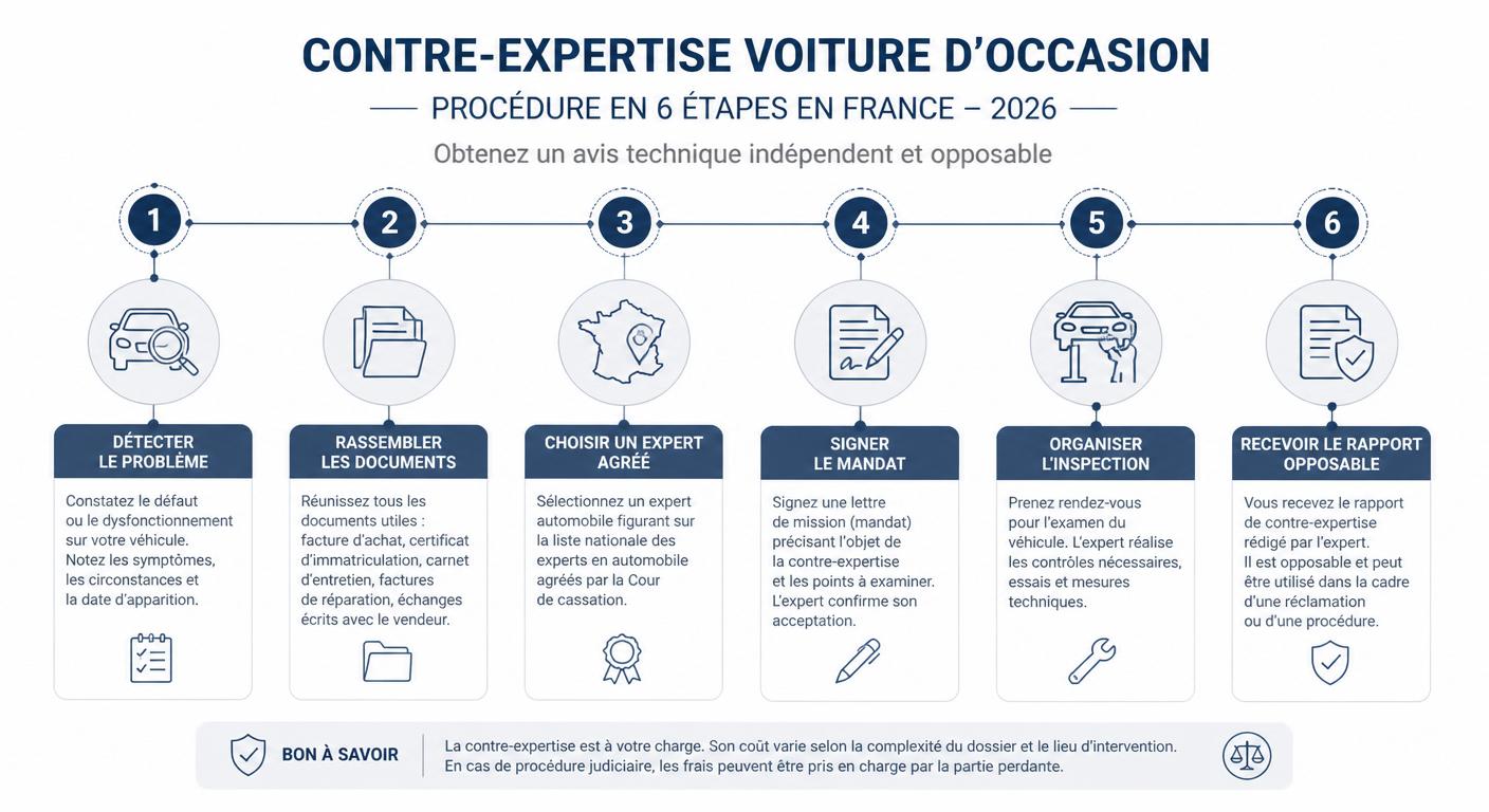 Infographie de la procédure de contre-expertise automobile en 6 étapes