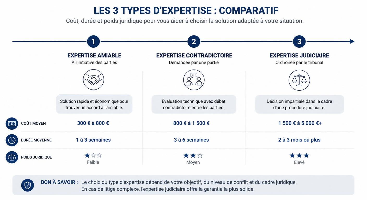 Infographie comparative des trois types d'expertise automobile : amiable, contradictoire et judiciaire