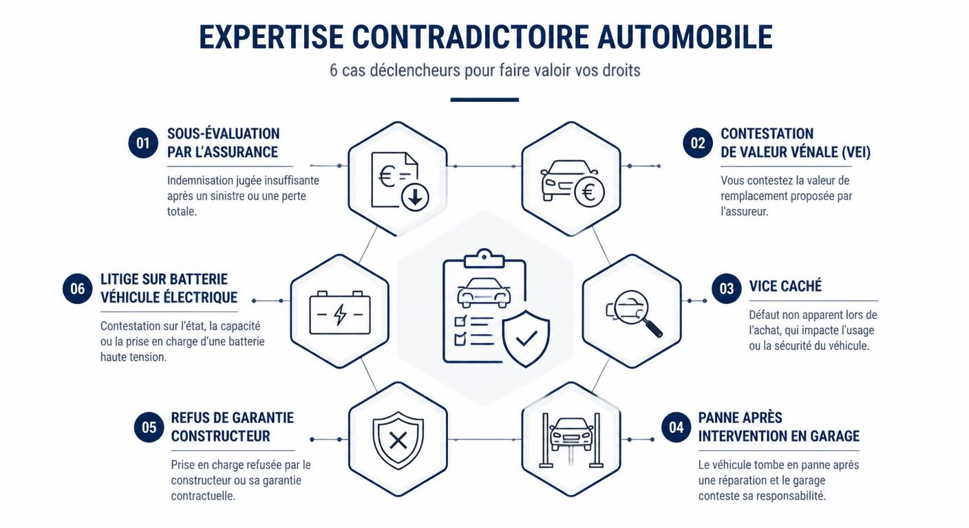 Infographie des six cas déclenchant une expertise contradictoire automobile