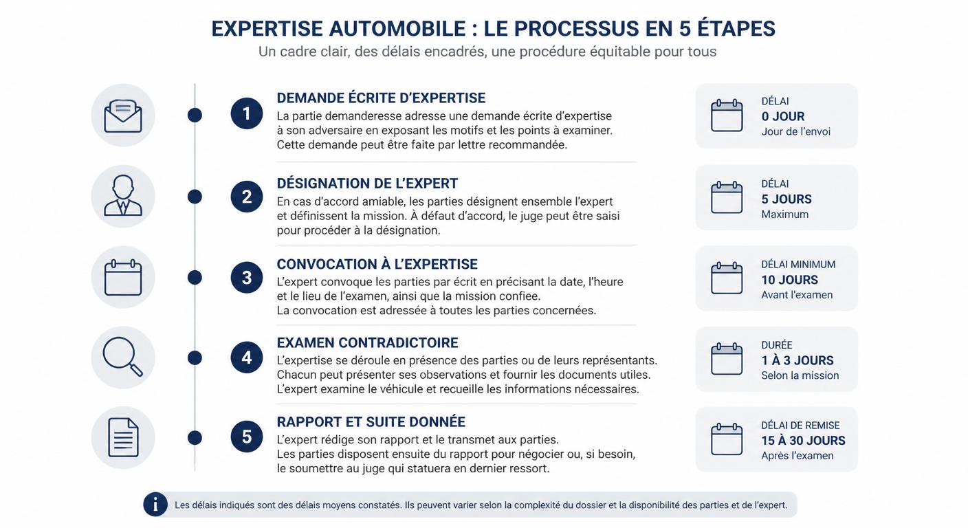 Infographie de la procédure d'expertise contradictoire automobile en 5 étapes