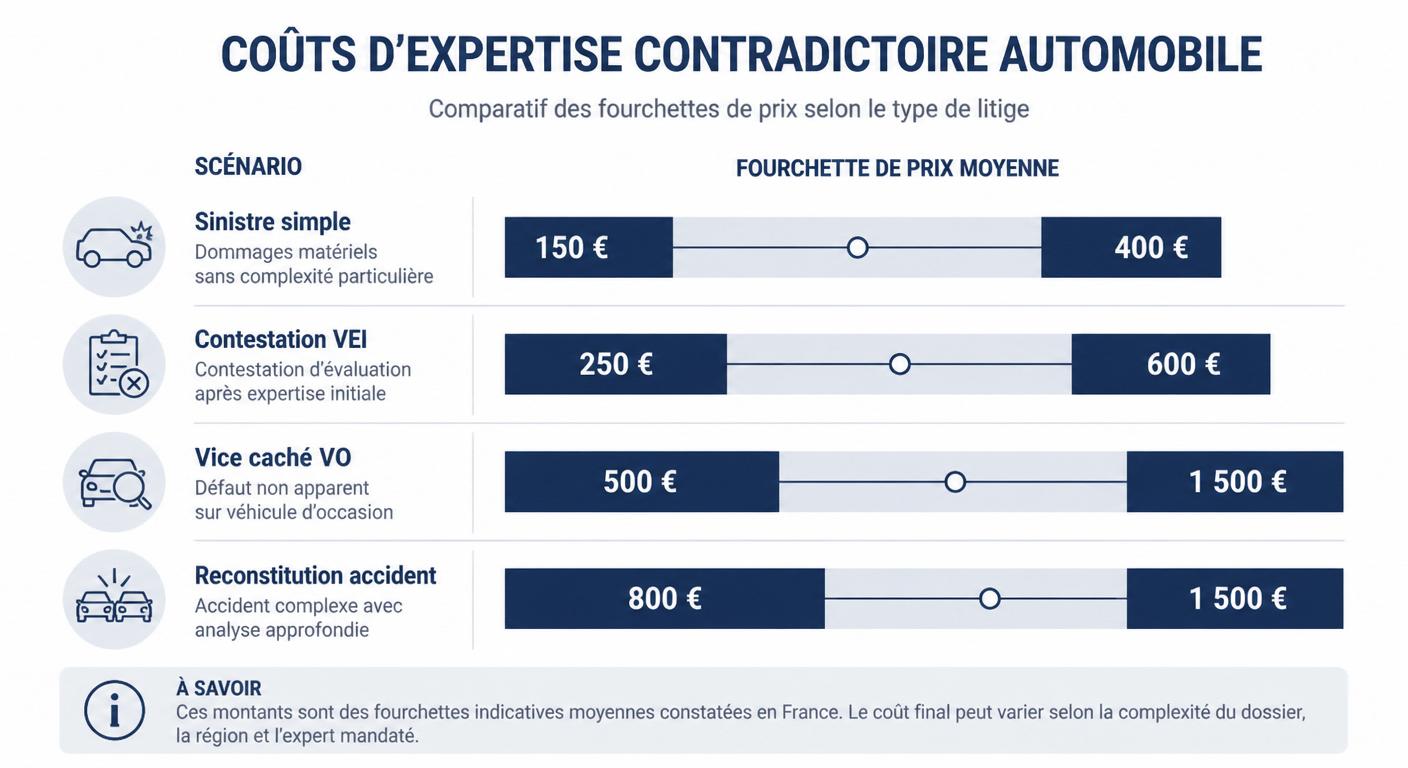 Infographie comparative des coûts d'une expertise contradictoire automobile par scénario