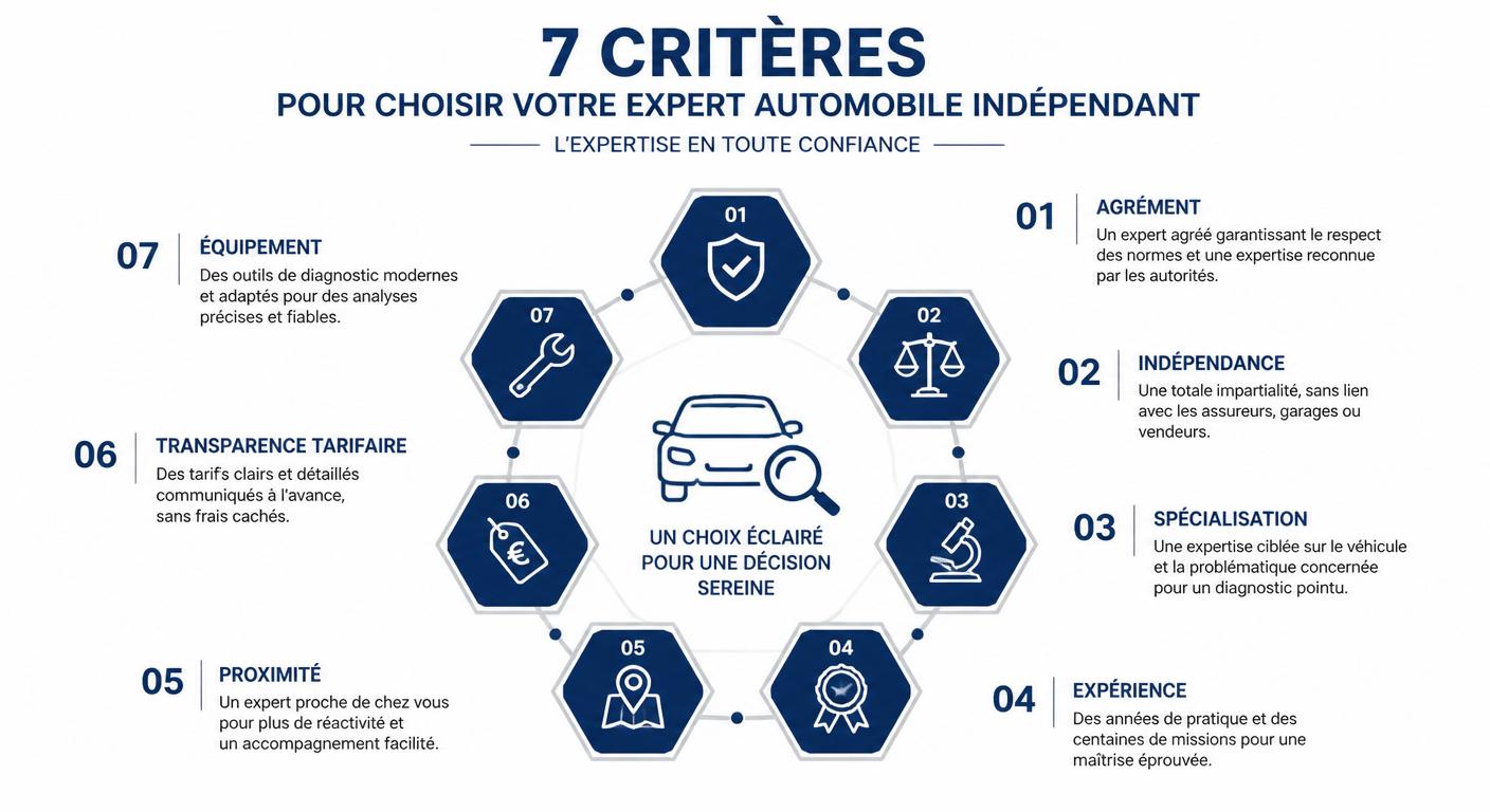 Infographie des sept critères pour choisir un expert automobile indépendant