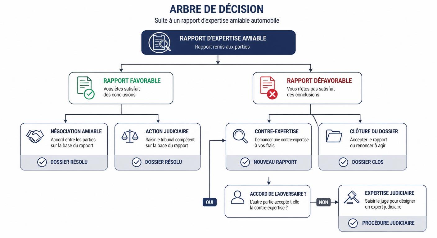 Infographie de l'arbre de décision après réception du rapport d'expertise contradictoire