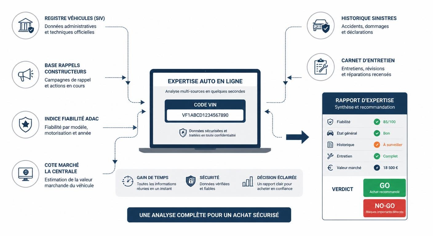 Schéma de l'expertise automobile en ligne croisant les sources de données VIN