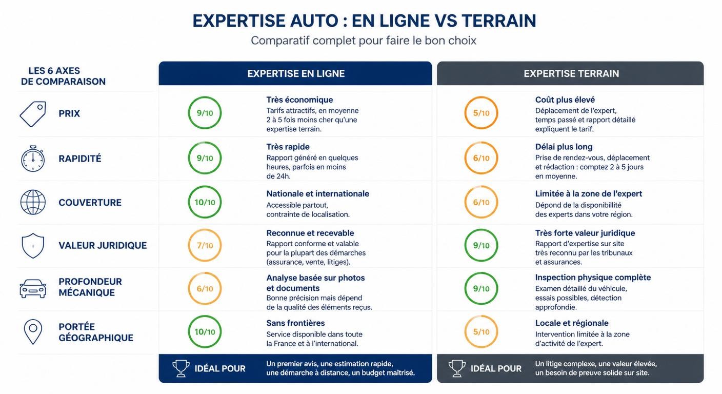 Comparatif visuel entre expertise auto en ligne et expertise terrain sur six critères