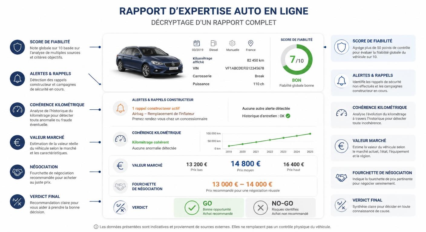 Anatomie annotée d'un rapport d'expertise automobile en ligne avec ses 6 sections clés