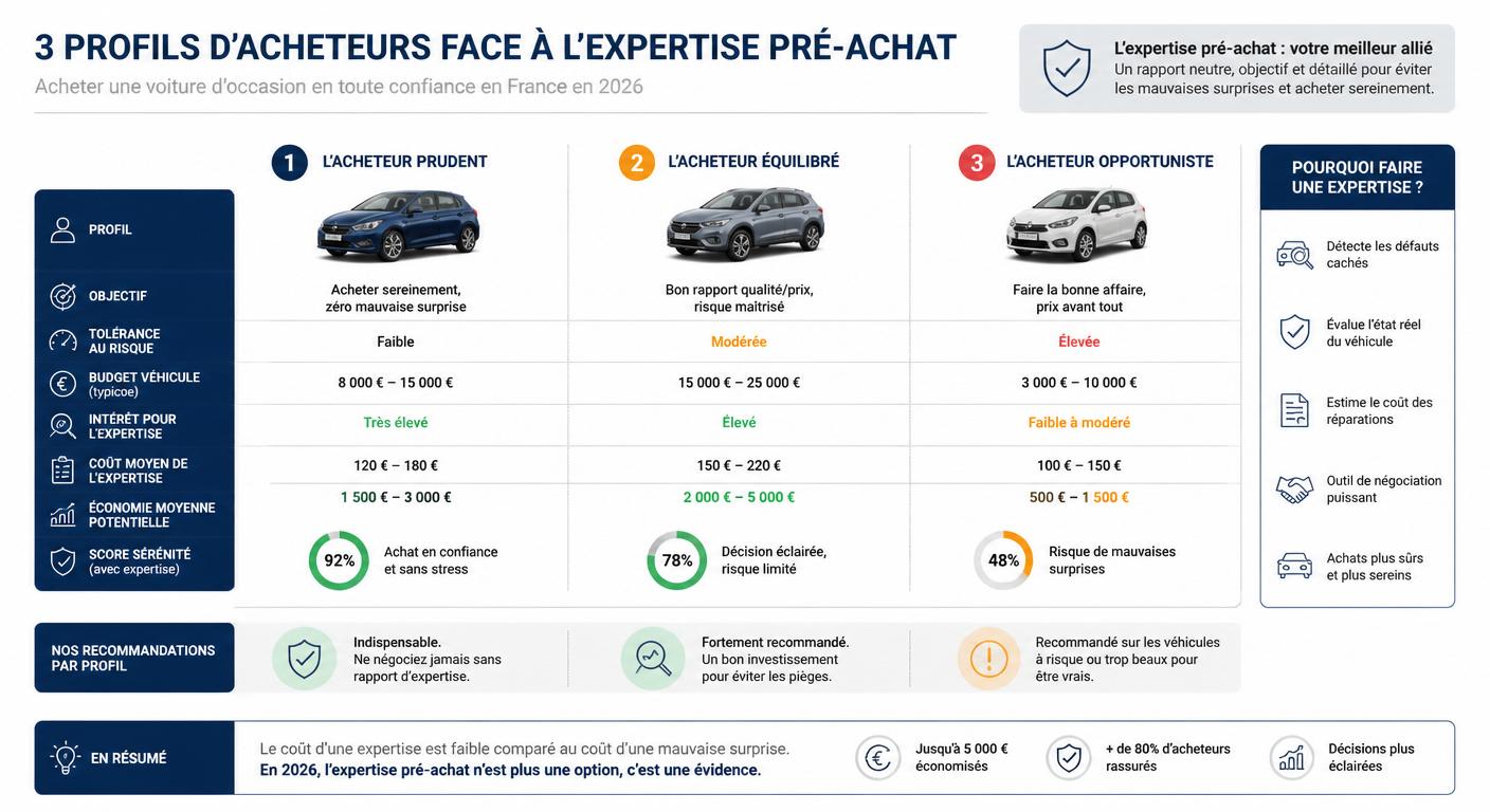 Infographie comparant trois profils d'acheteur face à l'expertise pré-achat en 2026