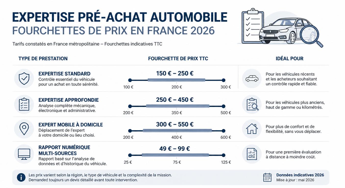 Infographie des fourchettes de prix d'une expertise auto occasion en 2026