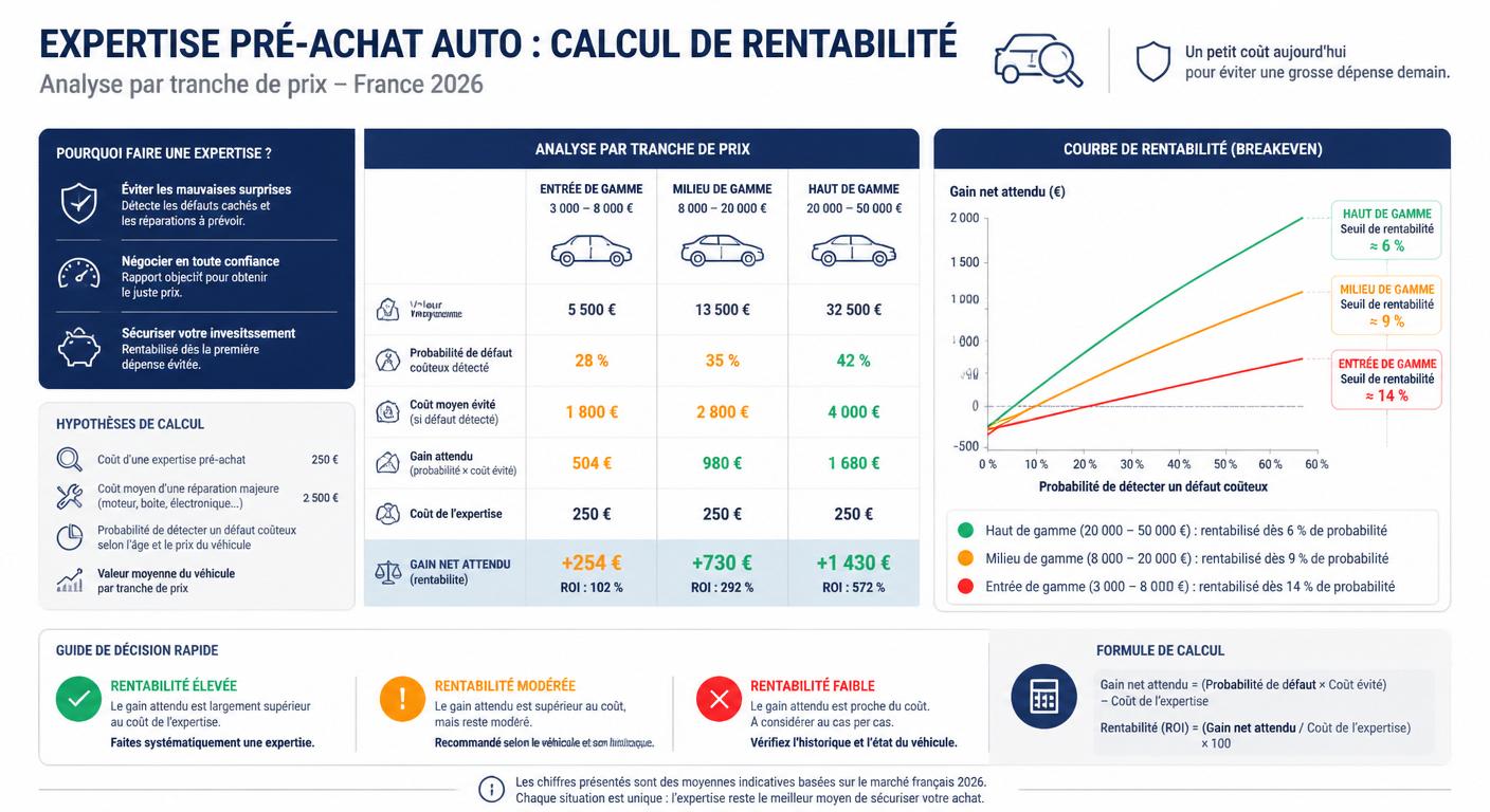 Infographie du seuil de rentabilité d'une expertise pré-achat selon le prix du véhicule