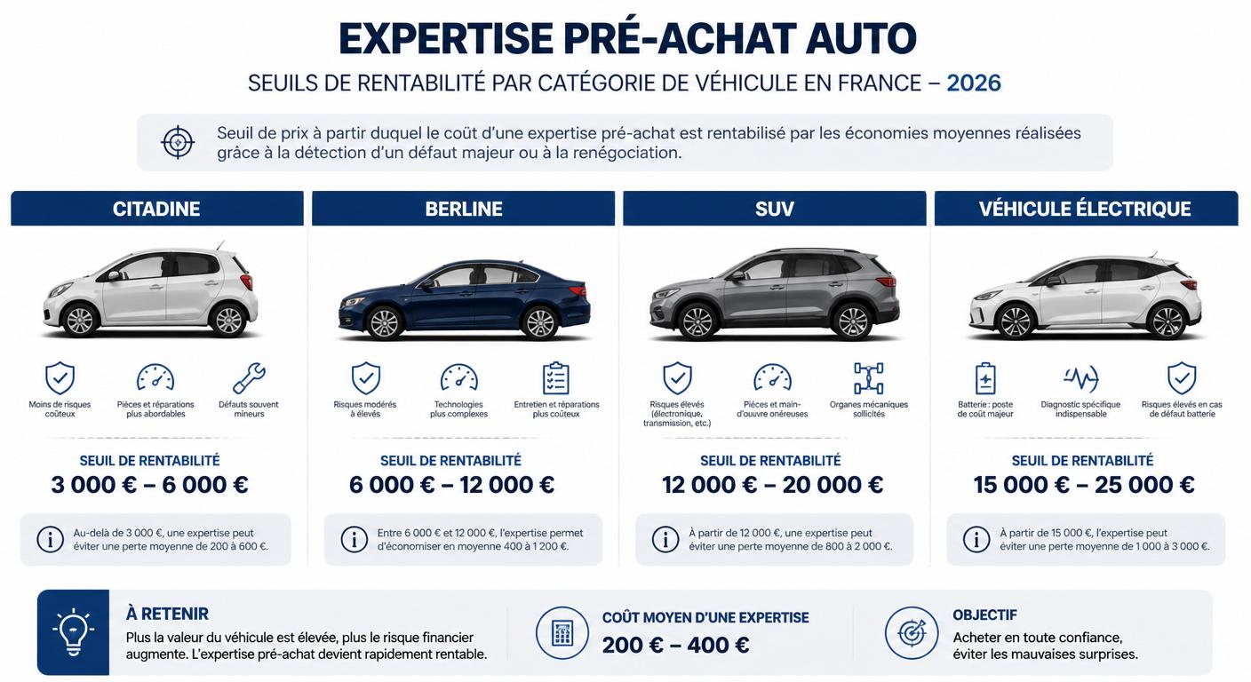 Infographie des seuils de rentabilité par catégorie de véhicule d'occasion