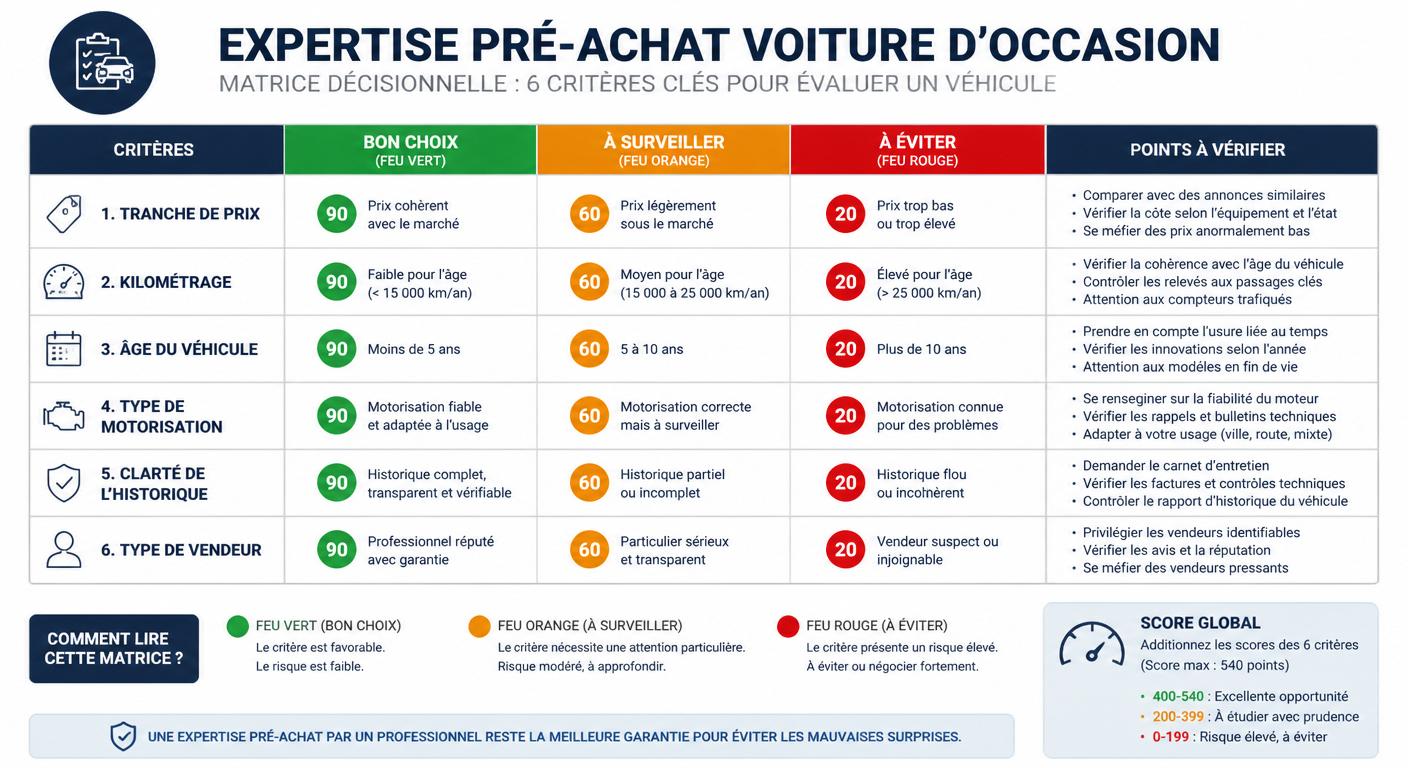 Infographie matrice de décision pour l'expertise pré-achat d'une voiture d'occasion