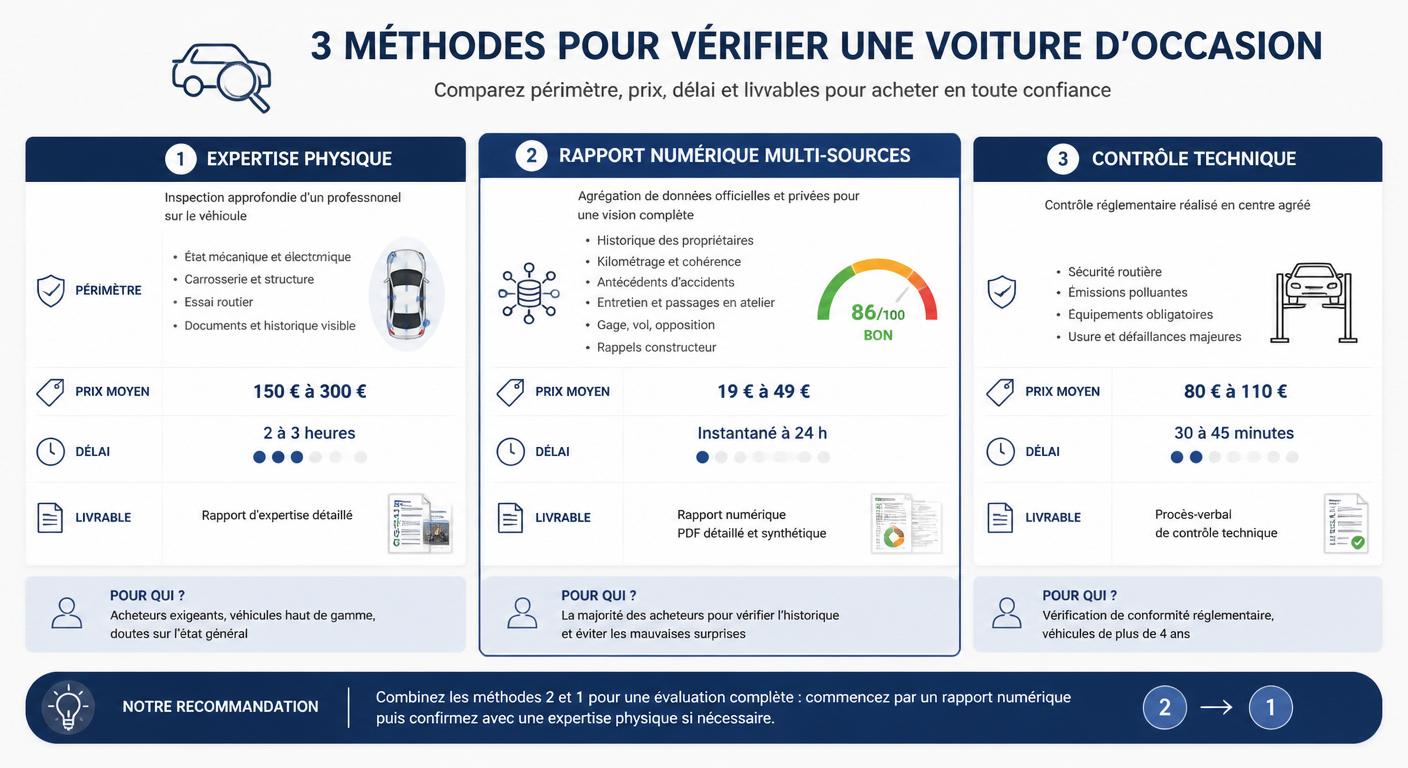 Infographie comparant trois méthodes de vérification d'une voiture d'occasion en 2026
