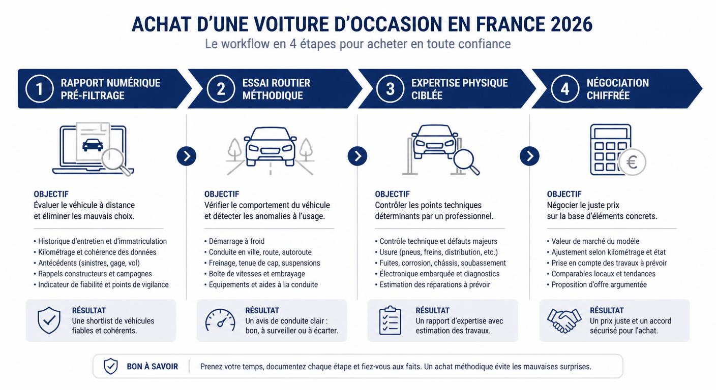 Infographie workflow optimal en 4 étapes pour sécuriser l'achat d'un véhicule d'occasion