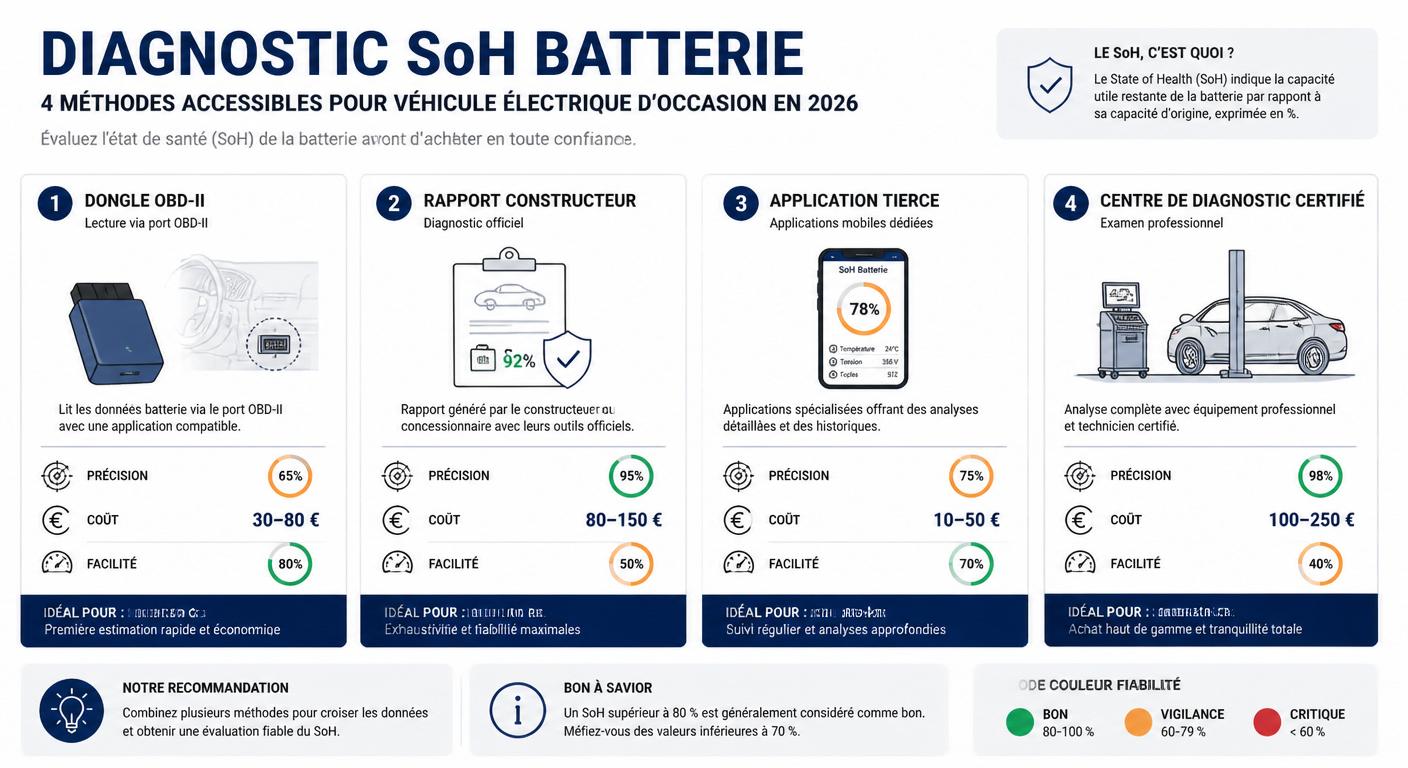 Infographie des méthodes accessibles de diagnostic SoH batterie en 2026