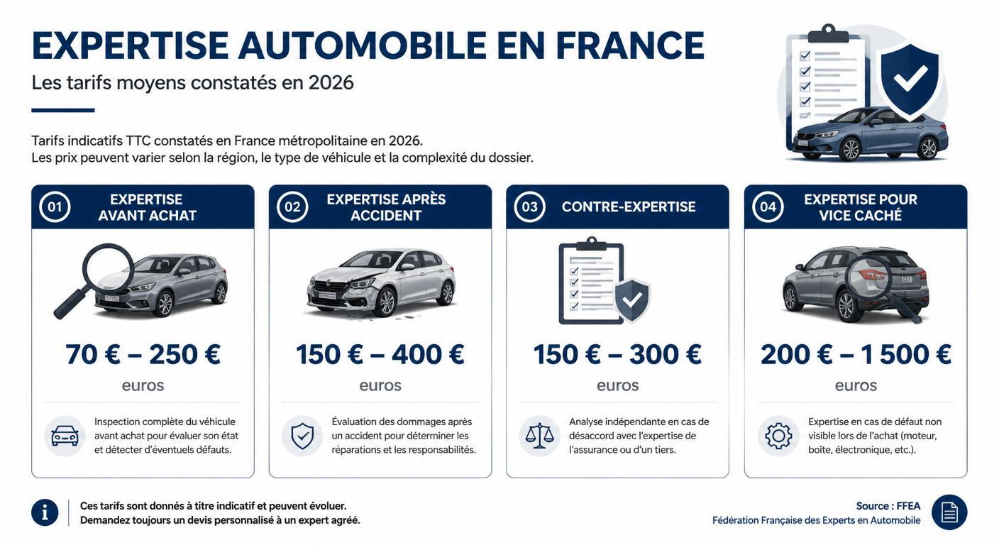 Infographie des fourchettes de prix d'une expertise automobile en 2026 par type d'intervention