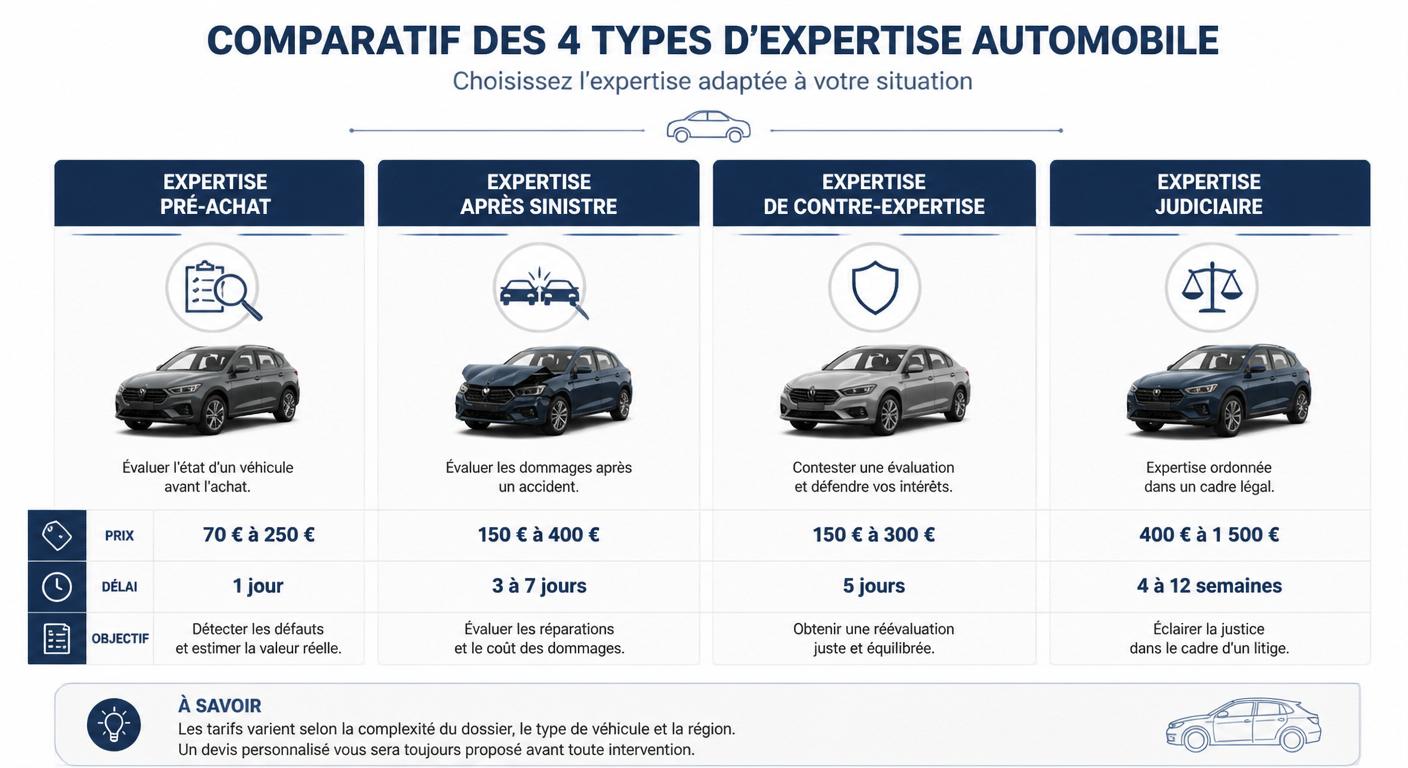 Infographie comparant les quatre types d'expertise automobile en France avec leurs prix et délais