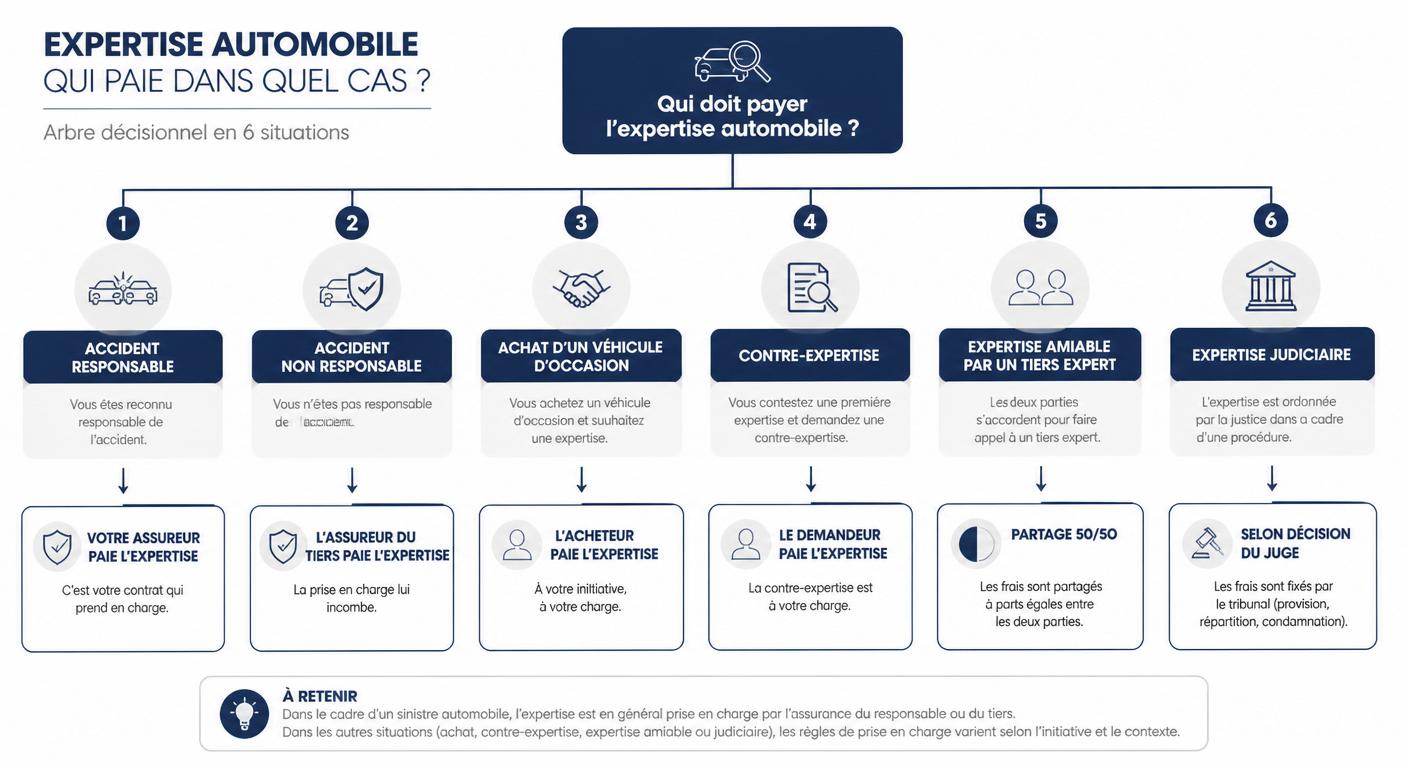 Arbre de décision visuel indiquant qui paie l'expertise automobile selon six situations courantes