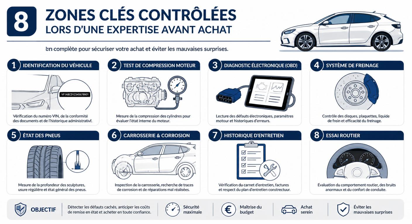 Infographie présentant les huit zones de contrôle clés lors d'une expertise automobile avant achat